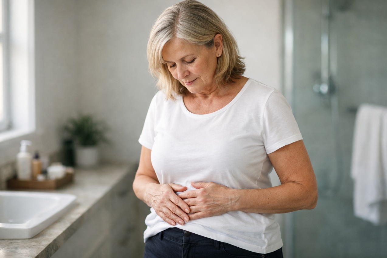 Woman in her late 50s in a bathroom, hands resting on her midsection.