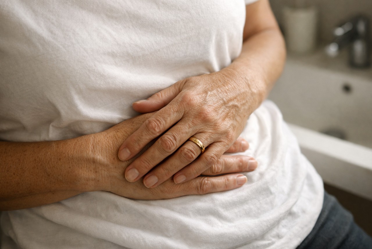 Close-up of a woman's hands resting on her midsection.